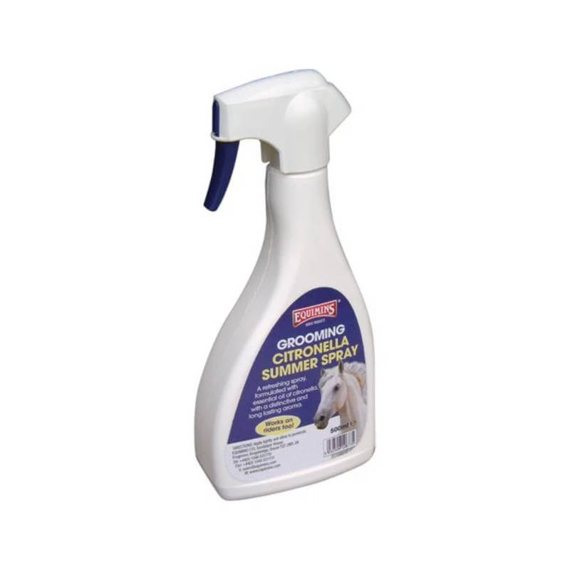Equimins Ltd spray bottle, labeled Equimins Citronella Summer Spray 500ml, for horses.
