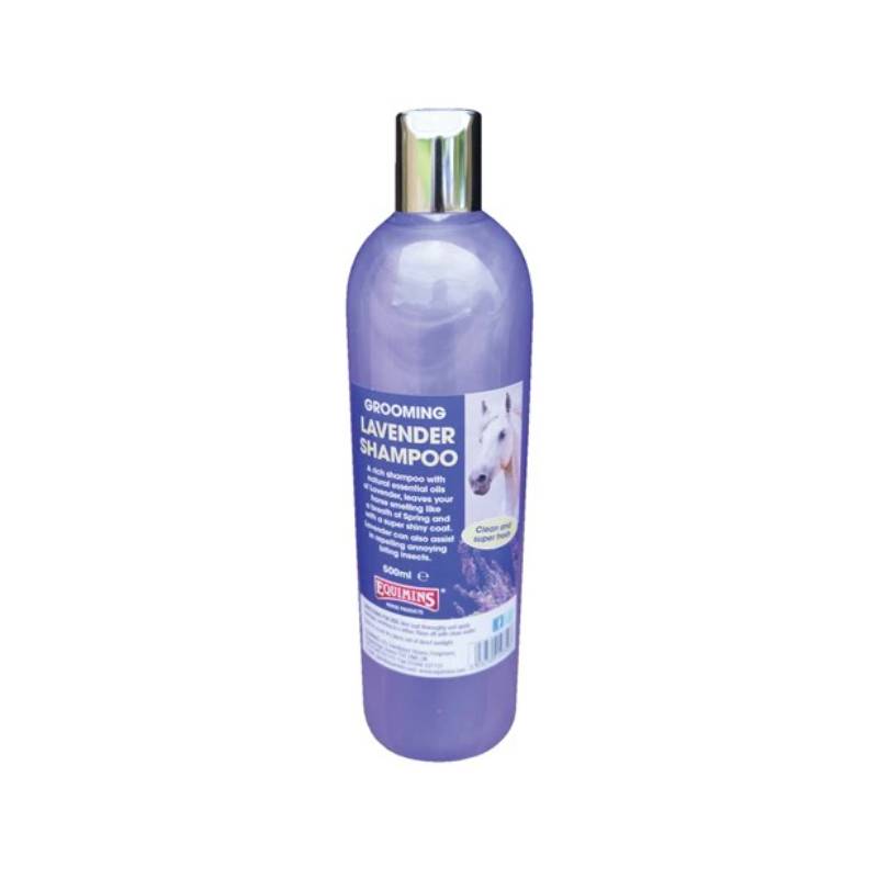 Equimins Grooming Lavender Shampoo 500ml in a purple bottle with silver cap, by Equimins Ltd.