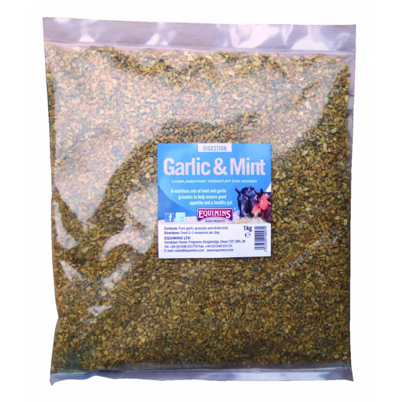 Equimins Garlic &amp; Mint 1kg Bag supports a healthy gut for horses.