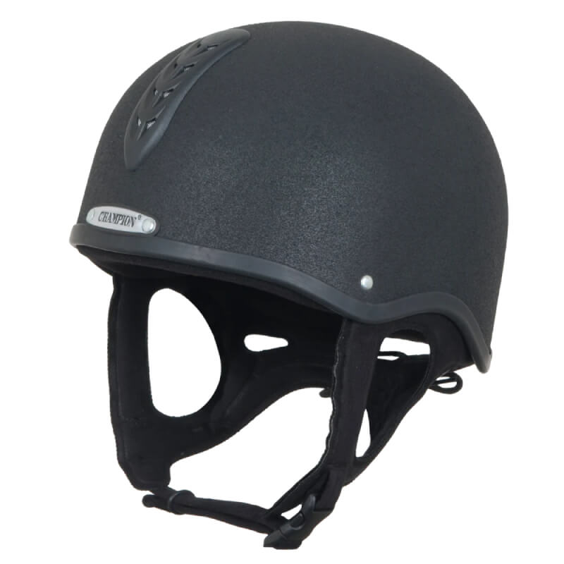 Champion Junior X-Air Plus Skull Helmet Black with chin straps and a small silver Champion badge.