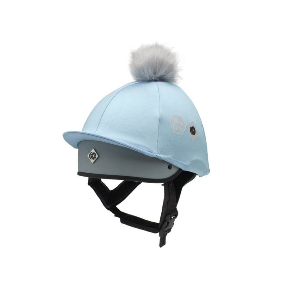Limited edition Charles Owen This Esme Pom Pom Silk in light blue with faux fur pom pom and black straps.