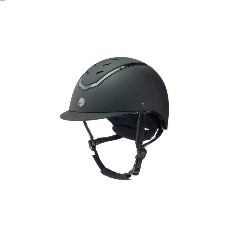 EQX by Charles Owen Kylo Black Matte/Gloss equestrian helmet with chin strap, visor, and MIPS.