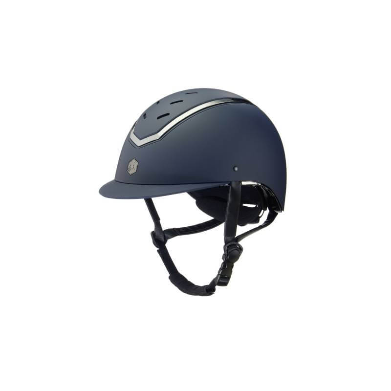EQX by Charles Owen Kylo Navy Matte/Pewter helmet with vents, chin strap, and dial-fit design.