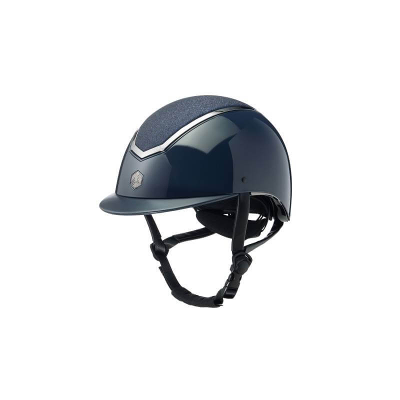 EQX by Charles Owen Kylo Navy Gloss/Pewter Sparkly helmet with dial-fit, strap, and textured top.