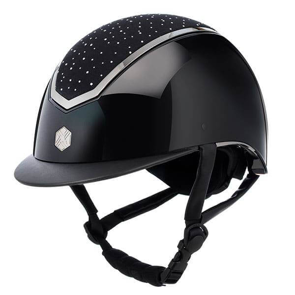 EQX by Charles Owen Kylo Black Gloss/Chrome Crystal Wide Peak helmet with secure chin strap.
