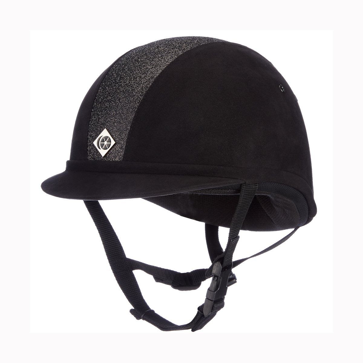 Charles Owen YR8 Round Riding Helmet with chin strap and textured top strip for safety.