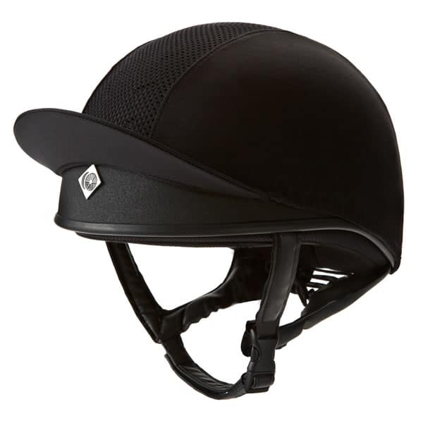 Charles Owen Pro II Plus Round Skull cap, side view, with mesh panel and chin strap.