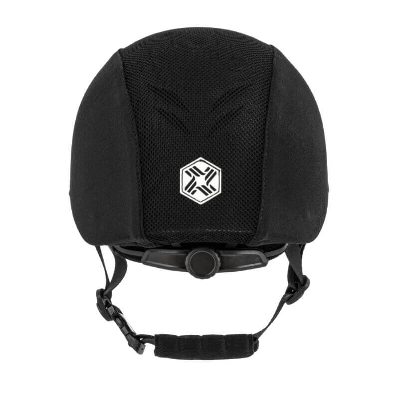 EQx by Charles Owen Phoenix Jockey Skull in black, with chin strap and silver front logo.