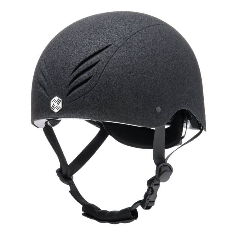 EQX by Charles Owen Phoenix Jockey Skull in black/silver with chinstrap and subtle ridges.