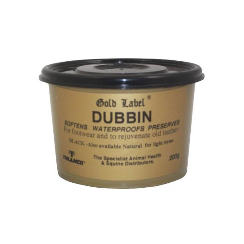 Gold Label Dubbin Black 200g provides waterproof protection for leather items.