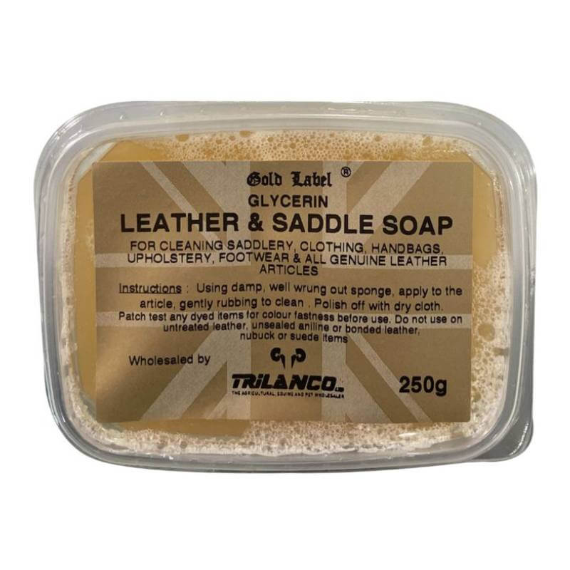 Gold Label Leather Saddle Soap 250g for effective cleaning and care of saddlery.