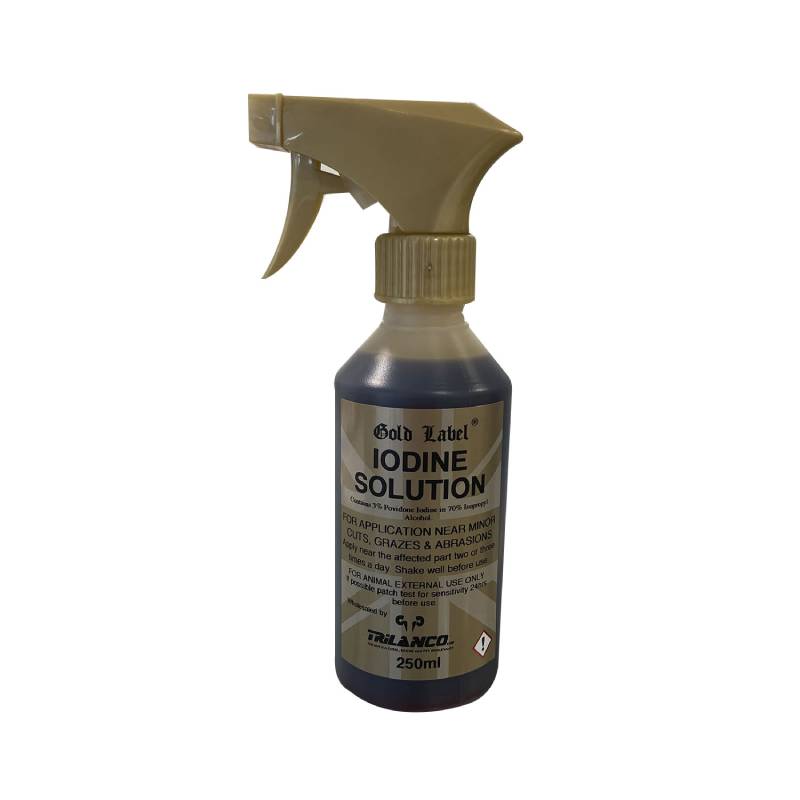 Gold Label Iodine Spray 250ml bottle with beige nozzle.