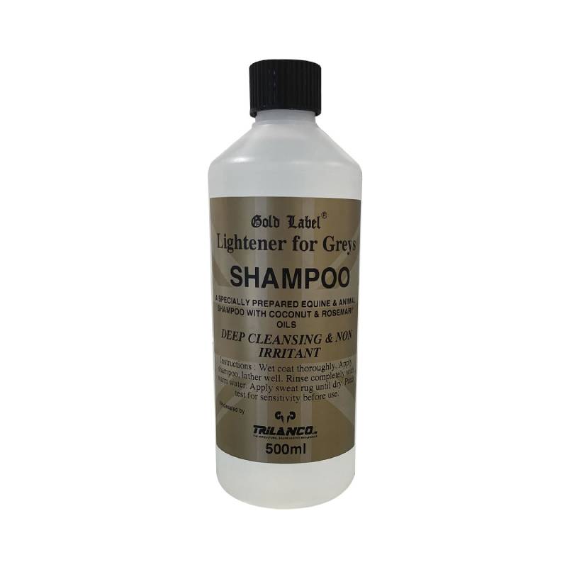 Gold Label Shampoo Lightener for Greys 500ml, white bottle, black cap; for grey horses.