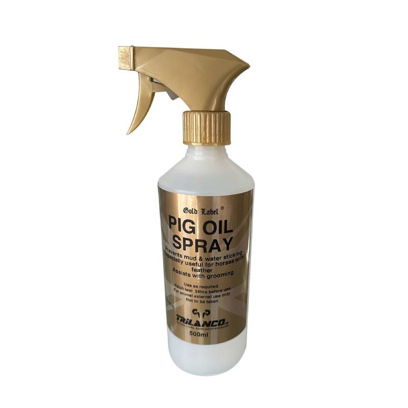 Gold Label Pig Oil Spray 500ml for horse grooming, in a gold and white bottle.