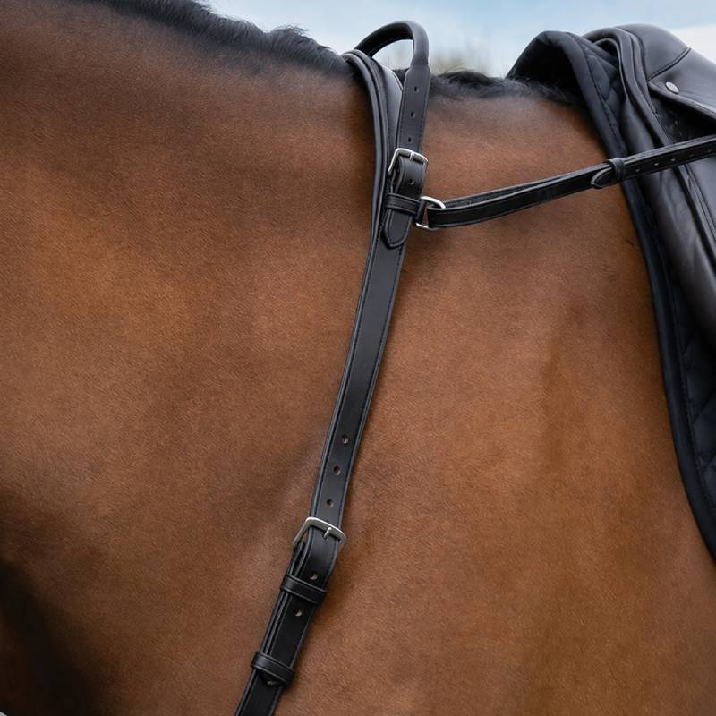 Close-up of a brown horse with a black saddle and a Mackey Neck Strap with Handle Black.