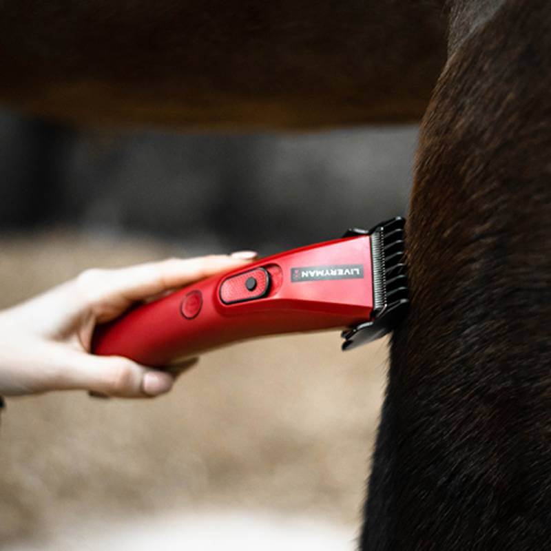 A hand uses the Liveryman Trimmer Nova to expertly groom a horse's dark hair.