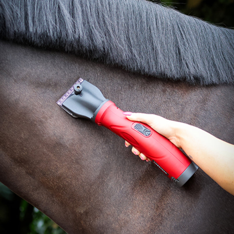 A hand trims a horse’s dark coat using the Liveryman Phoenix Clipper by Liveryman.