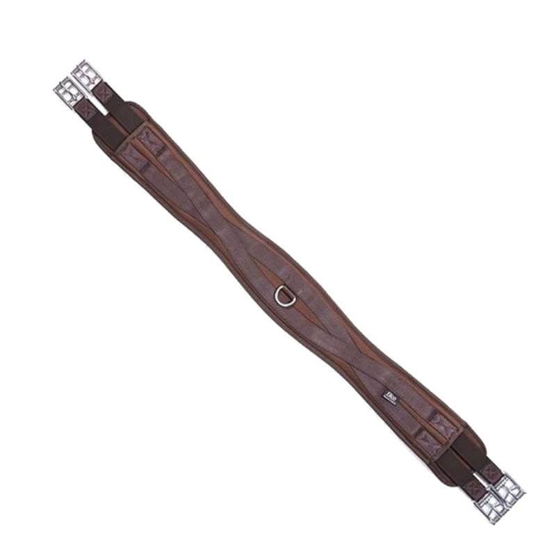 Elico Memory Foam Girth Brown with stainless steel buckles and center D-ring, shown on white.