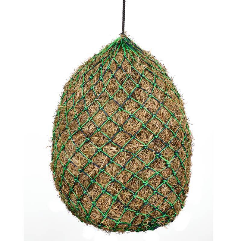 The Elico Branscombe Haynet Navy/Green hangs securely, ready to be filled with hay.