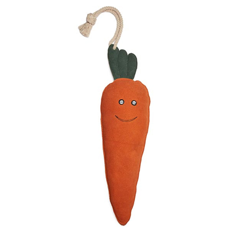 Elico Suede Leather Horse Toy Carrot—fun toy with smiling face, green leaves, and rope loop.