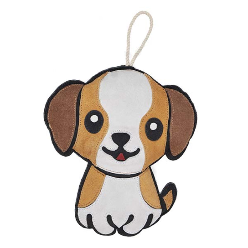 Elico Suede Leather Horse Toy Dog by Elico with brown ears, white face, and rope loop on top.