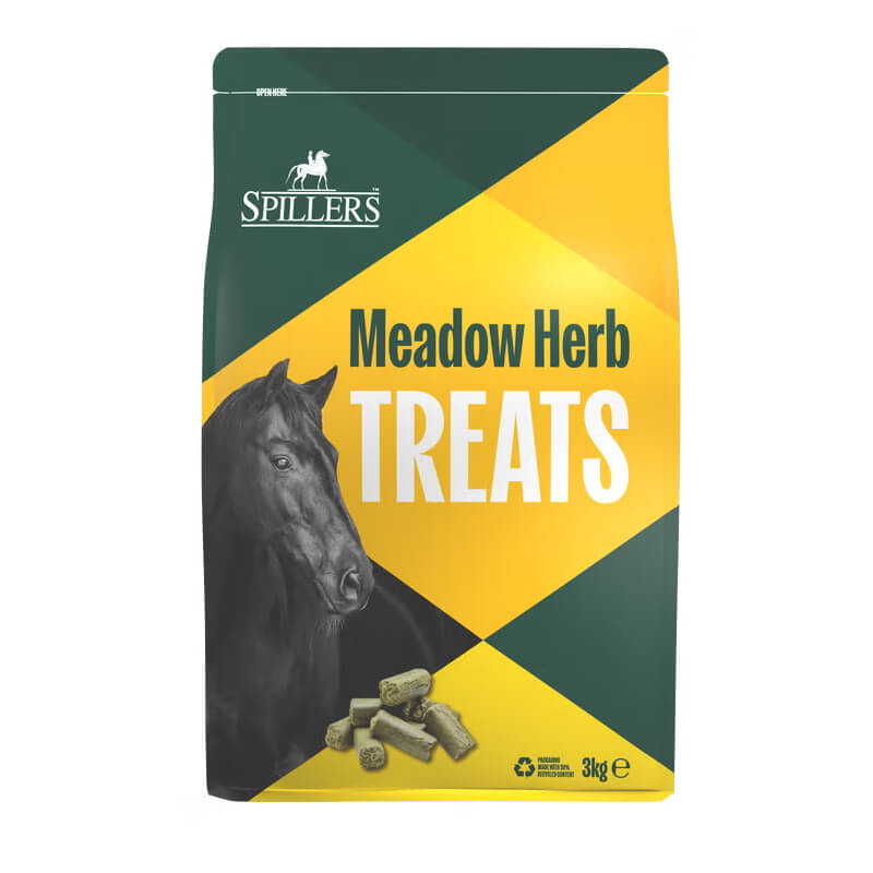 Spillers Meadow Herb Treats 3kg—herbal horse treats in yellow and green packaging.