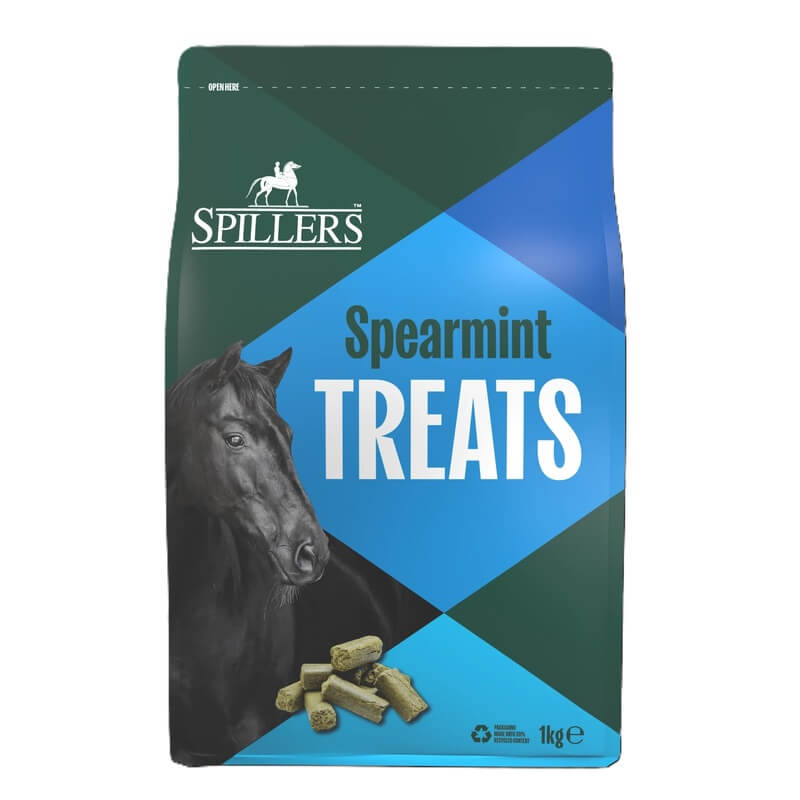 Spillers Treats Spearmint 1kg bag for horses, by Spillers, features spearmint treats on pack.