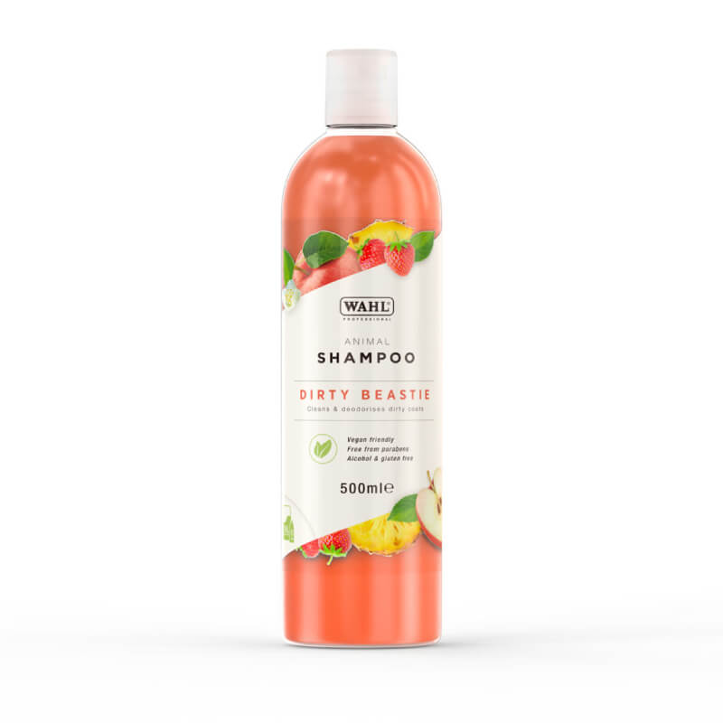 A 500ml bottle of Wahl Dirty Beastie Shampoo, ideal for deodorising matted pet coats.