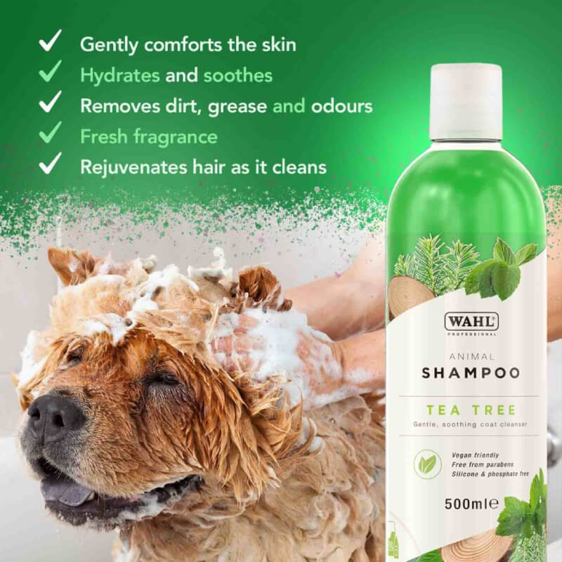 Dog being bathed with Wahl Tea Tree Shampoo; highlights gentle, soothing care for sensitive skin.
