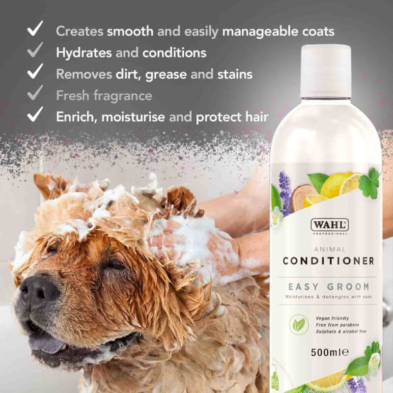 A dog enjoys a bath with Wahl Easygroom Conditioner; coat care benefits are shown nearby.