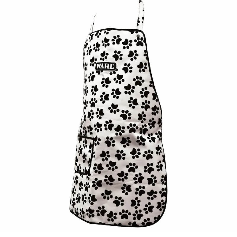 Wahl Paw Print Apron: splash proof, front pocket, black paw prints, with Wahl logo.