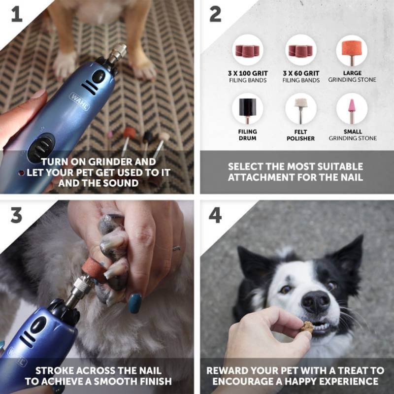 Four-step guide to trimming dog nails with the Wahl Electric Nail Grinder and clear instructions.
