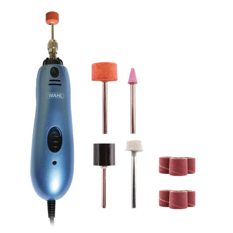 Wahl Electric Nail Grinder for pets with multiple sanding attachments and bands.