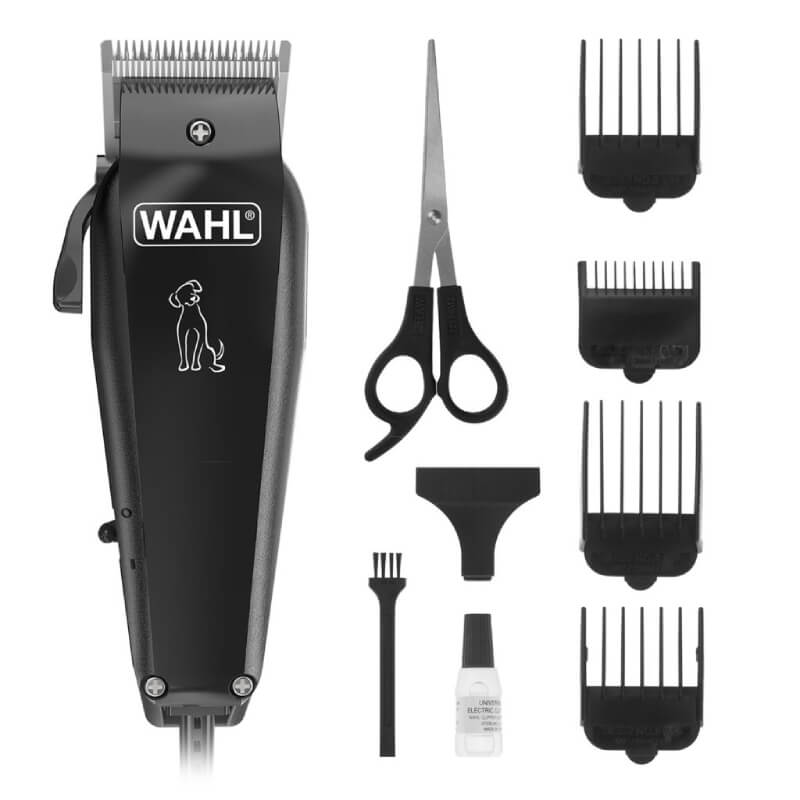Wahl Multi Cut Clip Pet Kit Electric with DVD: trimmer, scissors, combs, brush, and oil.