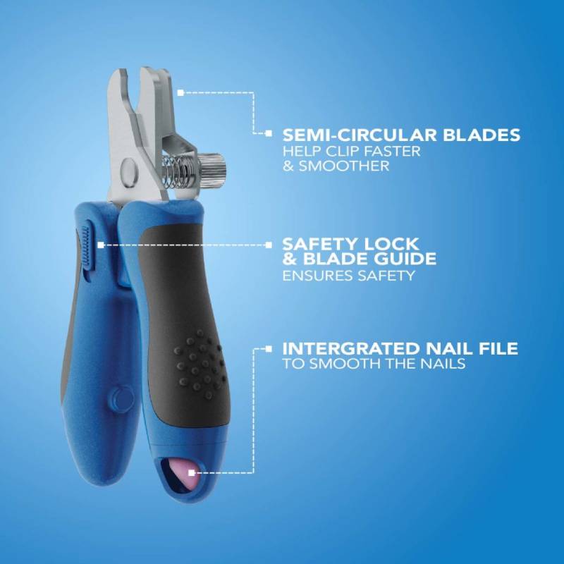 Wahl E-Z Nail Pet Clipper Nail &amp; File by Wahl shown with labeled features on blue gradient.