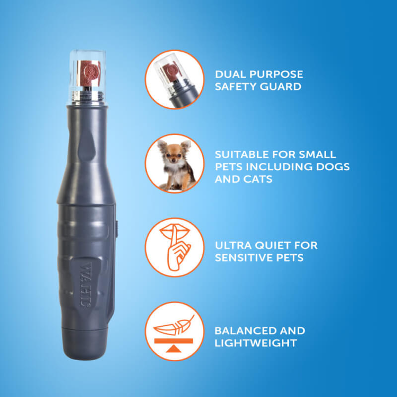 Wahl Battery Nail Grinder for dogs and cats with safety guard, shown on a blue background.