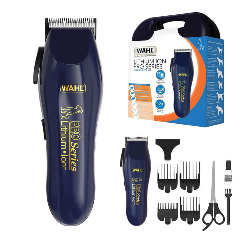 Wahl Pro Series Lithium Pet Clipper set includes attachments, scissors, and packaging.