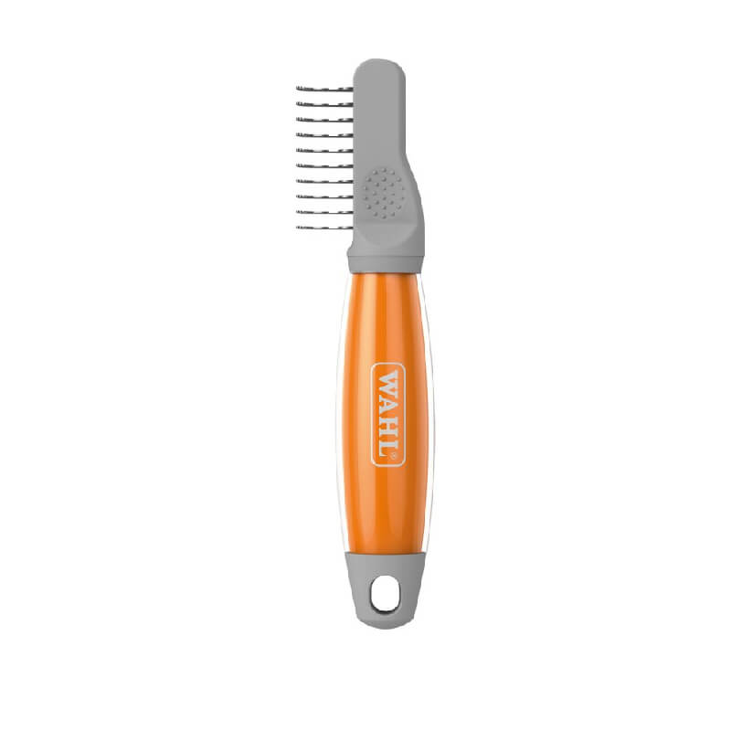 Wahl Soft Grip Dematter with orange gel handle and curved metal teeth for pet grooming.
