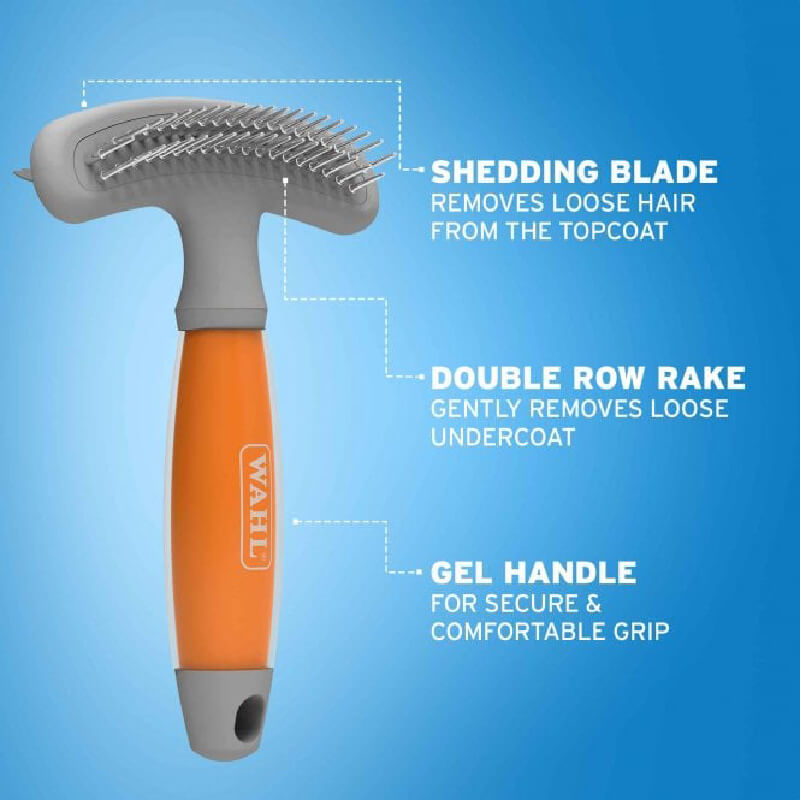 Wahl Double Row Rake & Shedding Blade with orange gel handle for comfortable grooming.
