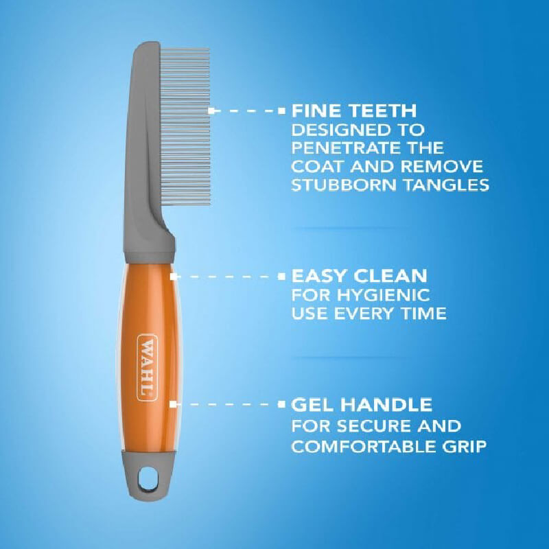 Wahl Grooming Comb Orange Gel Handle with stainless steel teeth for easy pet grooming.