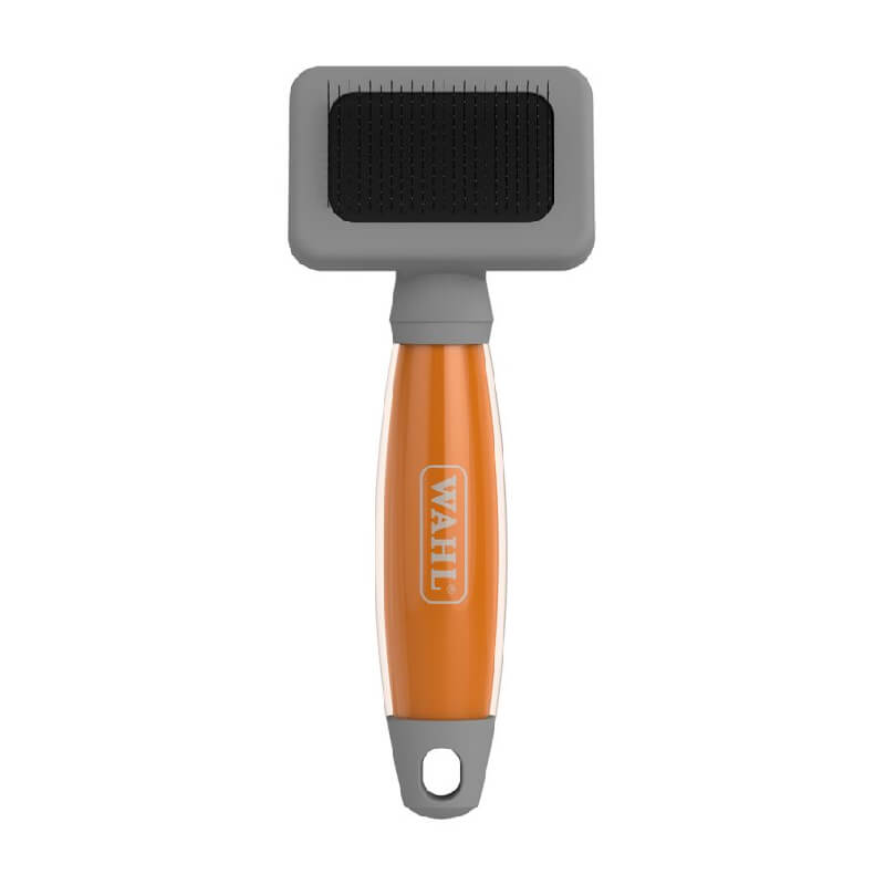 Wahl Small Slicker Brush with orange gel handle and stainless steel bristles for dogs.