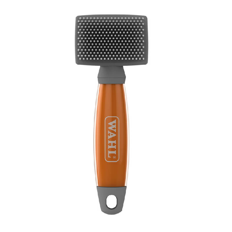 Wahl Small Nylon Slicker Brush with orange gel handle, ergonomic design.