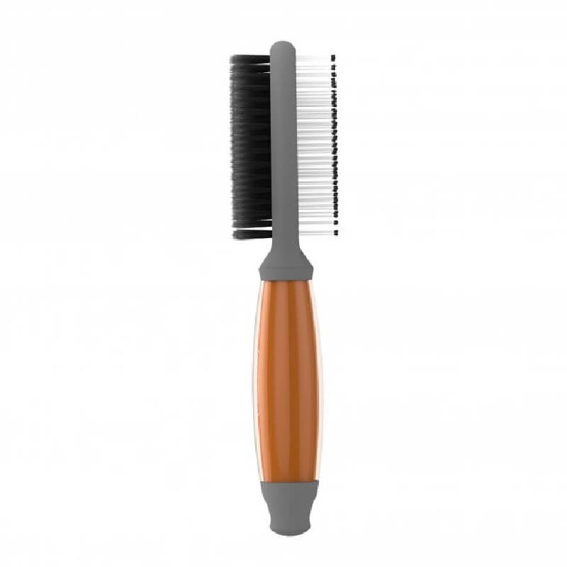 The Wahl Double Sided Soft Brush has an orange gel handle, bristles, and metal pins.