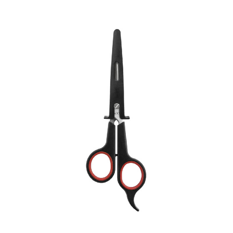 Wahl Scissors Premium With Guard: black stainless, red handles, protective cover by Wahl.