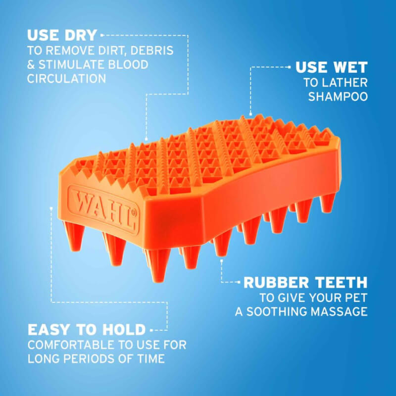 Wahl Brush Sheddy Orange Rubber for short-haired dogs shown on a blue background.
