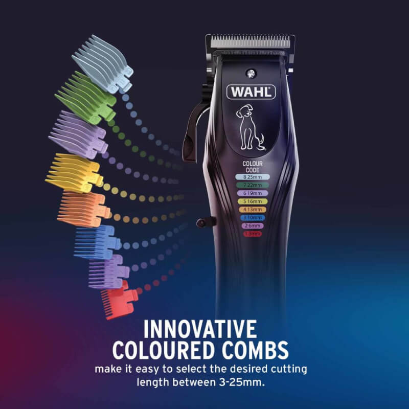 Wahl Colour Pro Rechargeable Pet Clipper Kit with colorful mm comb guides for home grooming.