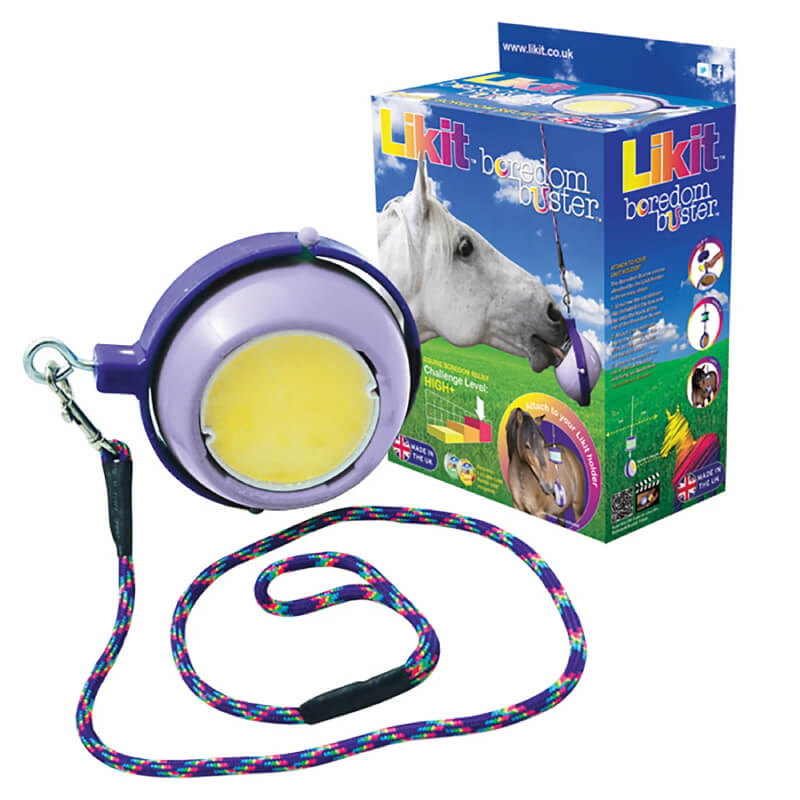 Likit Boredom Buster Purple/Lilac horse toy with rope for mental stimulation; packaging shows use.