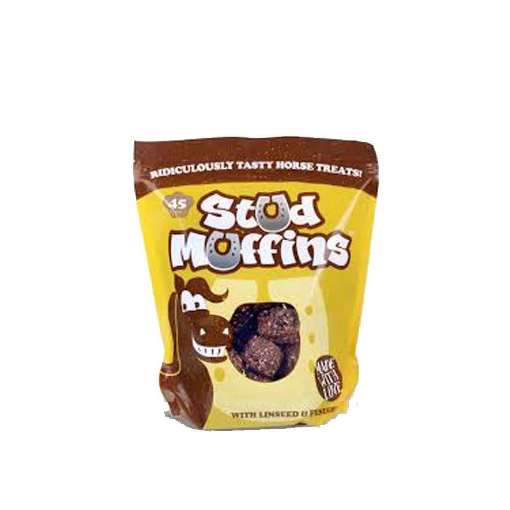 A bag of Likit Stud Muffins horse treats with fenugreek in bright yellow packaging.