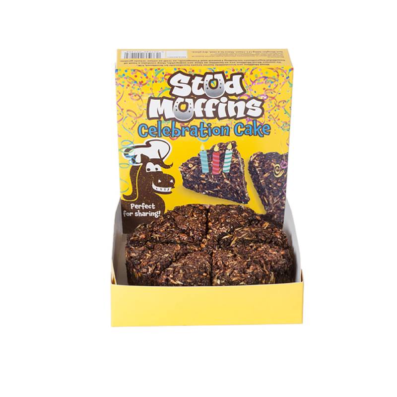 Stud Muffin Celebration Cake by Stud Muffin: a horse cake in a yellow box for equine treats.