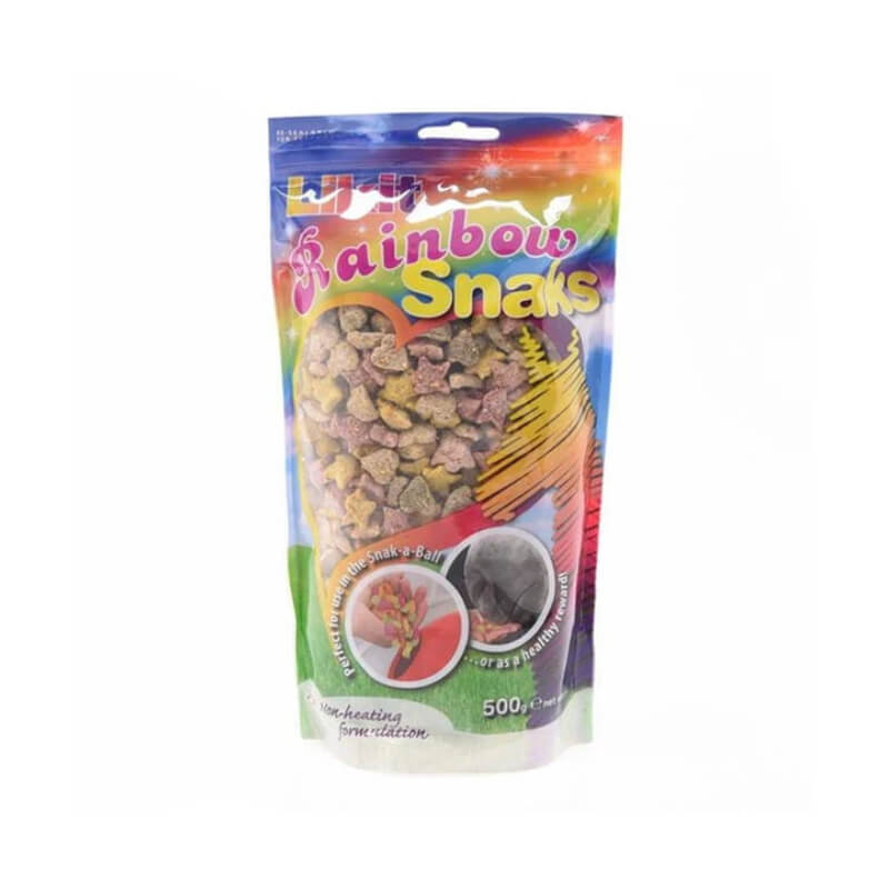 A colorful 500g bag of Likit Rainbow Snaks horse treats with a clear window for natural flavors.